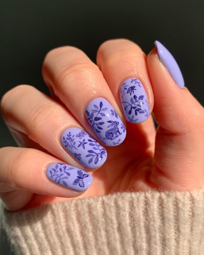 Idée de manucure de Pâques, nail art lapin, ongles violets