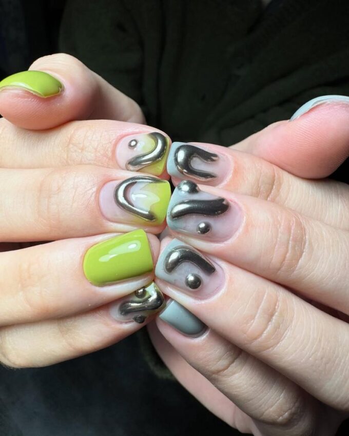 Оngles vert citron, nail art 3D, ongles gris