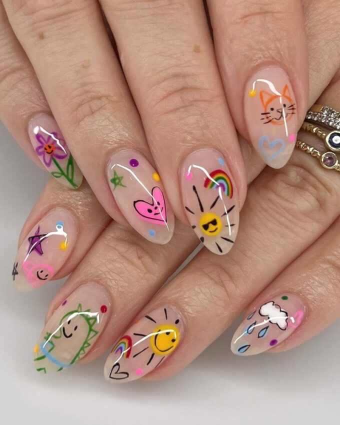 Ongles printaniers mignons, nail art doodles