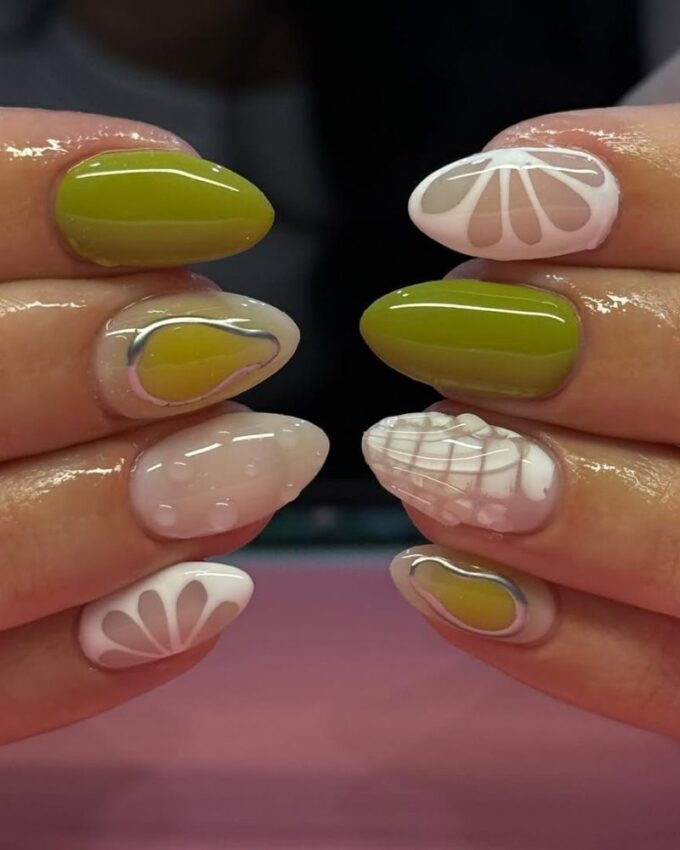 Ongles vert citron, nail art blanc