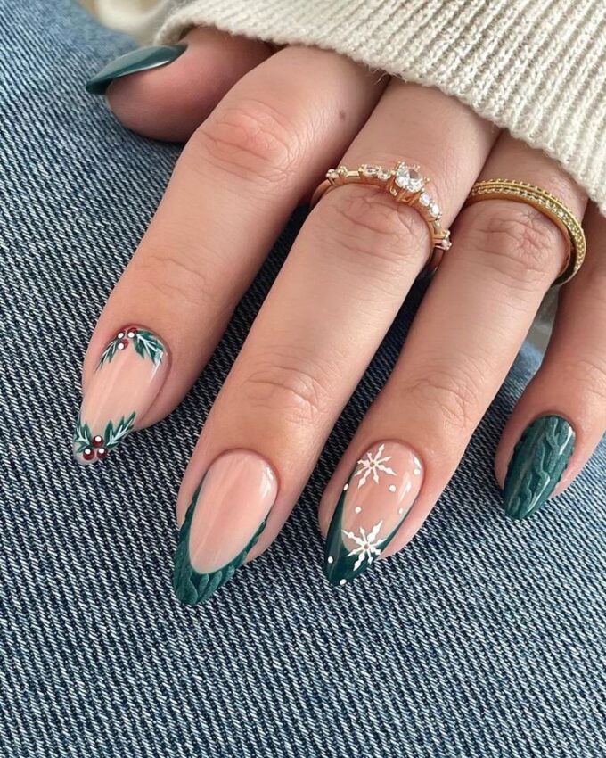 Ongles verts de Noël, ongles flocon de neige