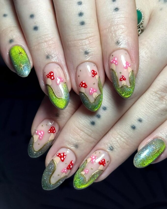 Vernis magnétique vert, nail art champignon